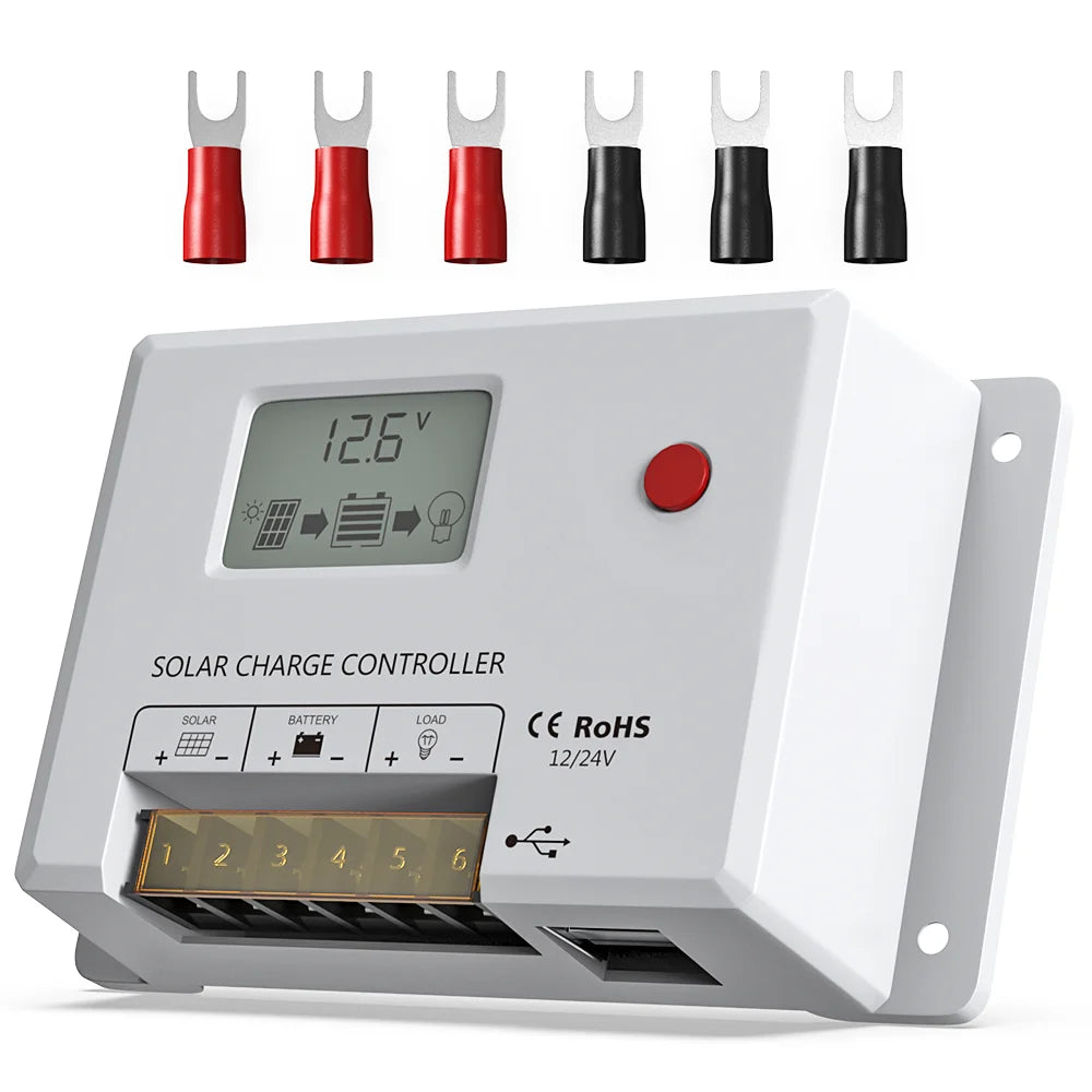Bateria Power 12V/24V PWM Solar Controller with LCD Display Dual USB Multiple Load Control Modes.