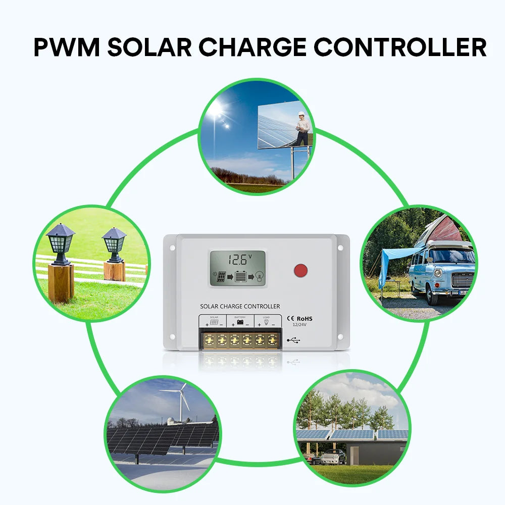 Solar Charge Controller Solar Panel Regulator w/ Temp Sensor Function Fit for Lithium, Sealed, Gel, and Flooded Batteries