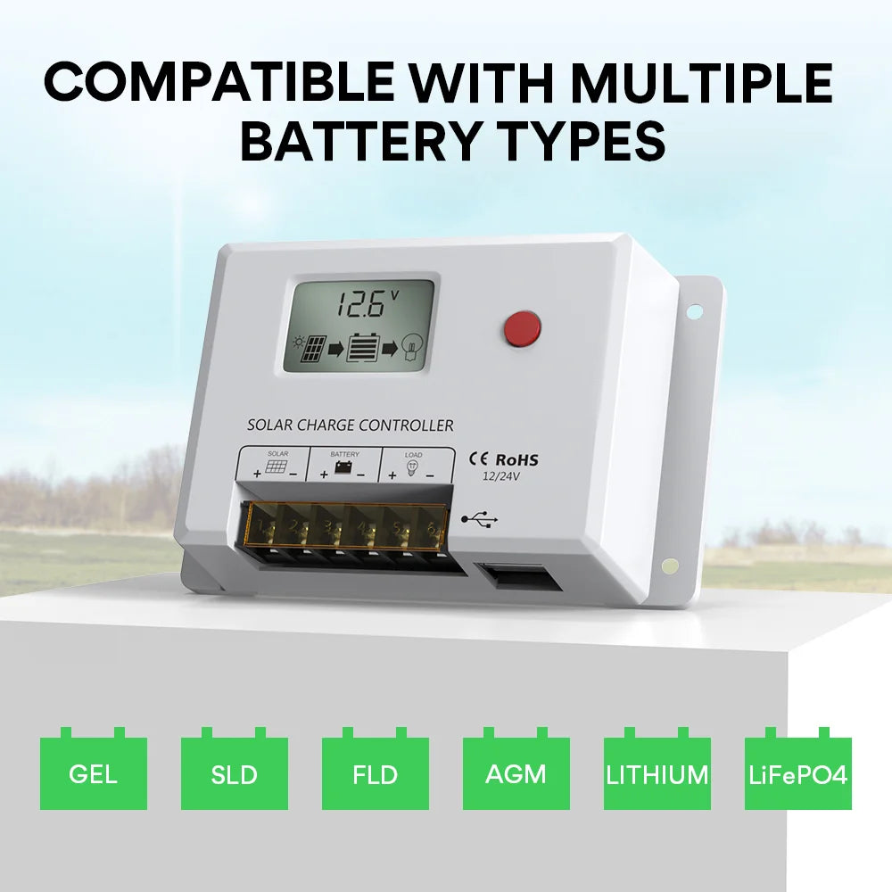  12v/24v PWM Ground Solar Charge Controller Compatible