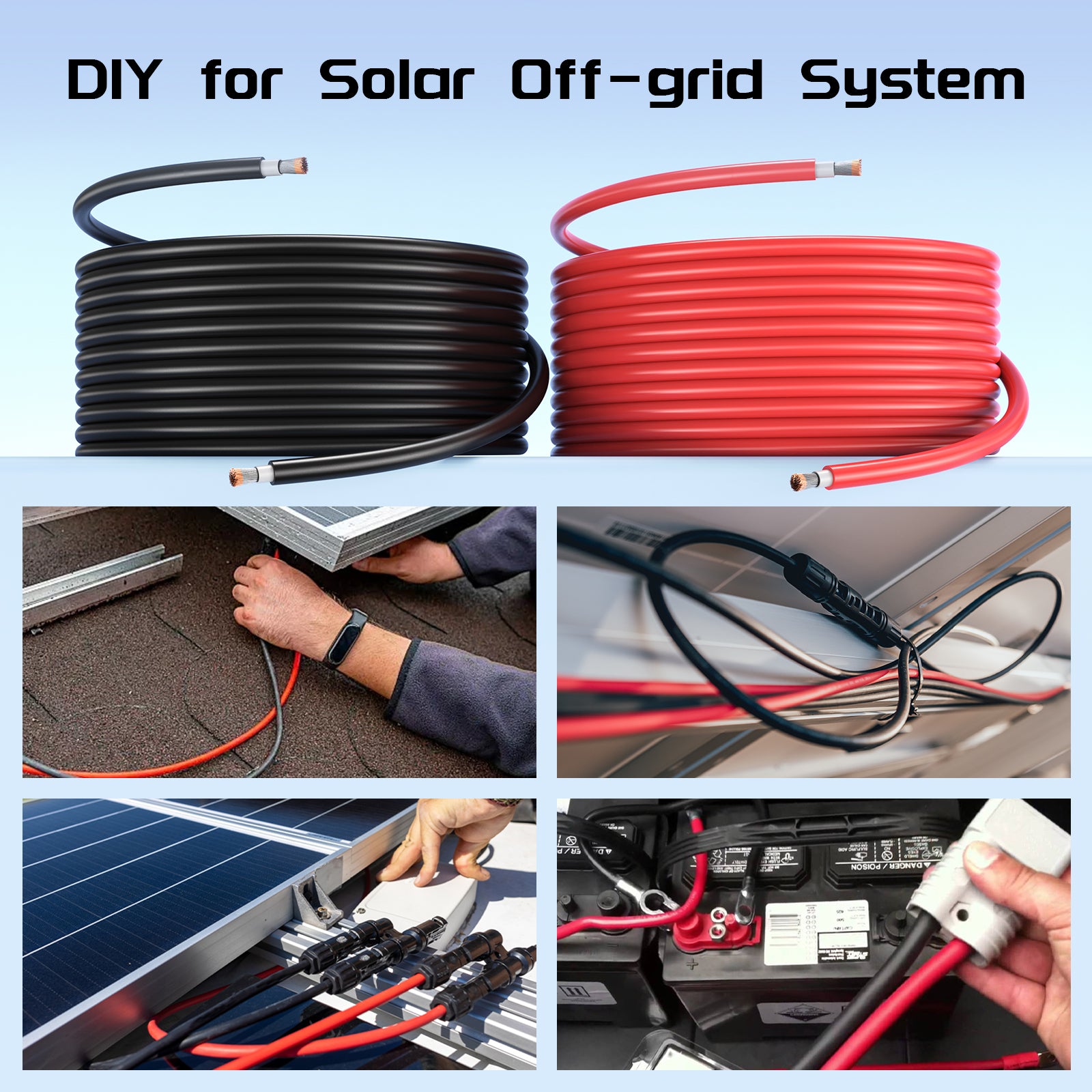 Bateria Power Solar Panel Wire 50Ft Black and 50Ft Red Kit, 10AWG (6mm²) Solar Panel Extension Cable PV Tinned Copper Wire for Outdoor Home Off-Grid Photovoltaic Systems Automotive RV Boat Marine