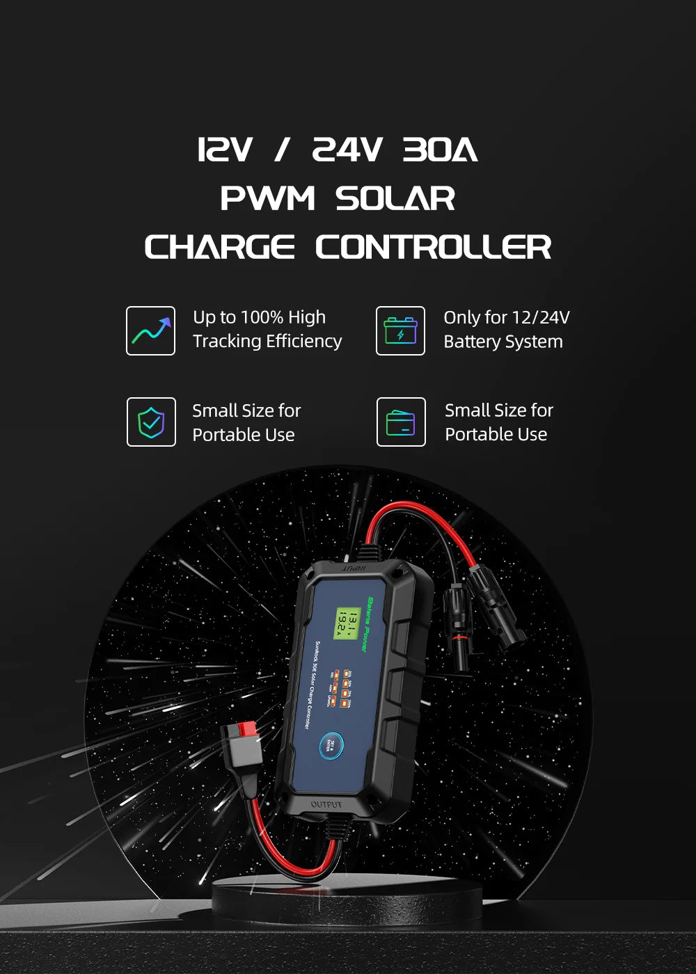 thumbnail image 2 of HQST 30A Solar Charge Controller - 12V/24V PWM Flush Mount For Lithium & Lead-Acid 2 of 2